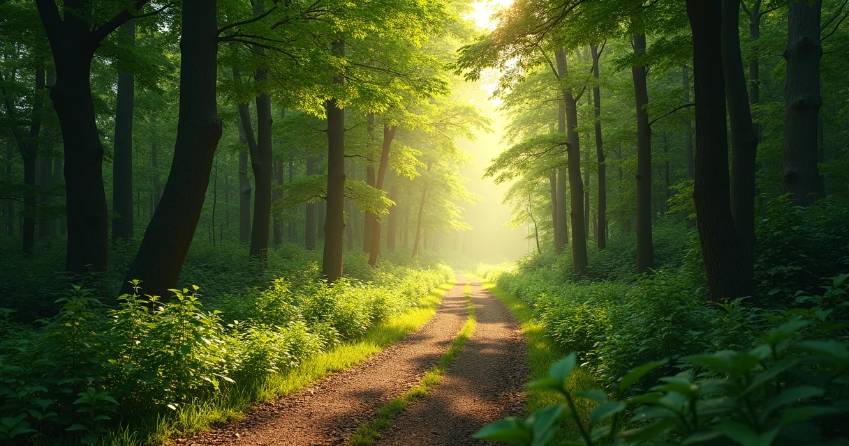 Trilha de floresta com luz suave ao fundo 