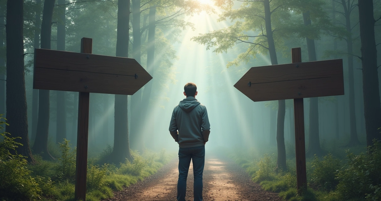 Pessoa parada em uma bifurcação de caminhos com placas, expressando dúvida 