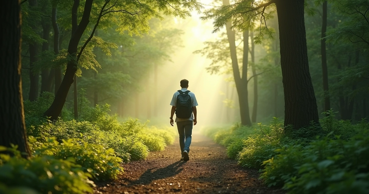 Pessoa caminhando sozinha por uma trilha em meio à natureza.