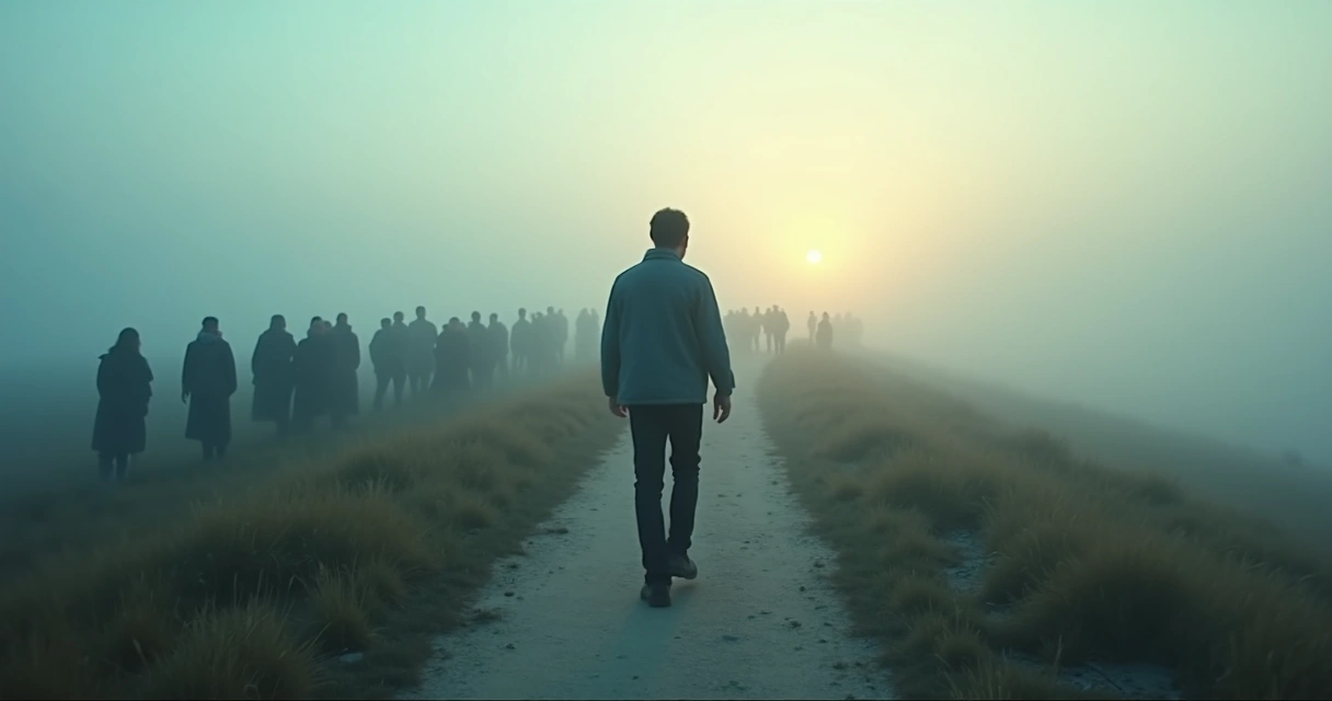 Pessoa caminhando sozinha em trilha com neblina 