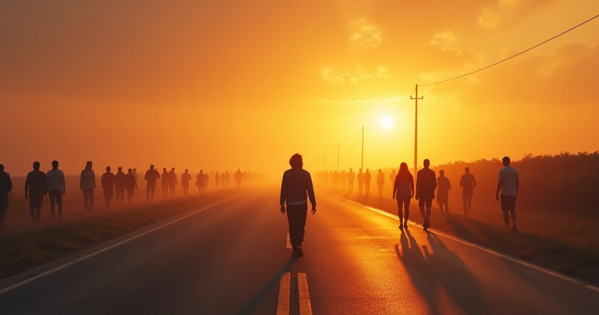 Pessoa caminhando sozinha em uma estrada com sombras de várias pessoas ao fundo 
