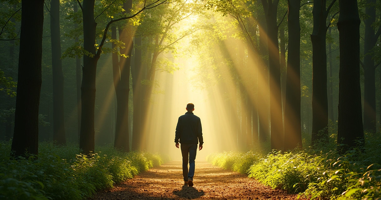 Pessoa caminhando por trilha, natureza iluminada ao fundo 