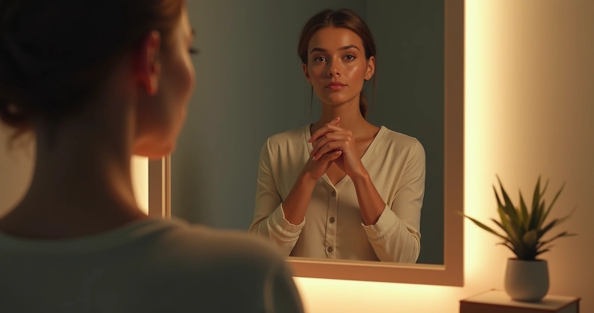 Pessoa olhando para o próprio reflexo em um espelho em ambiente iluminado 