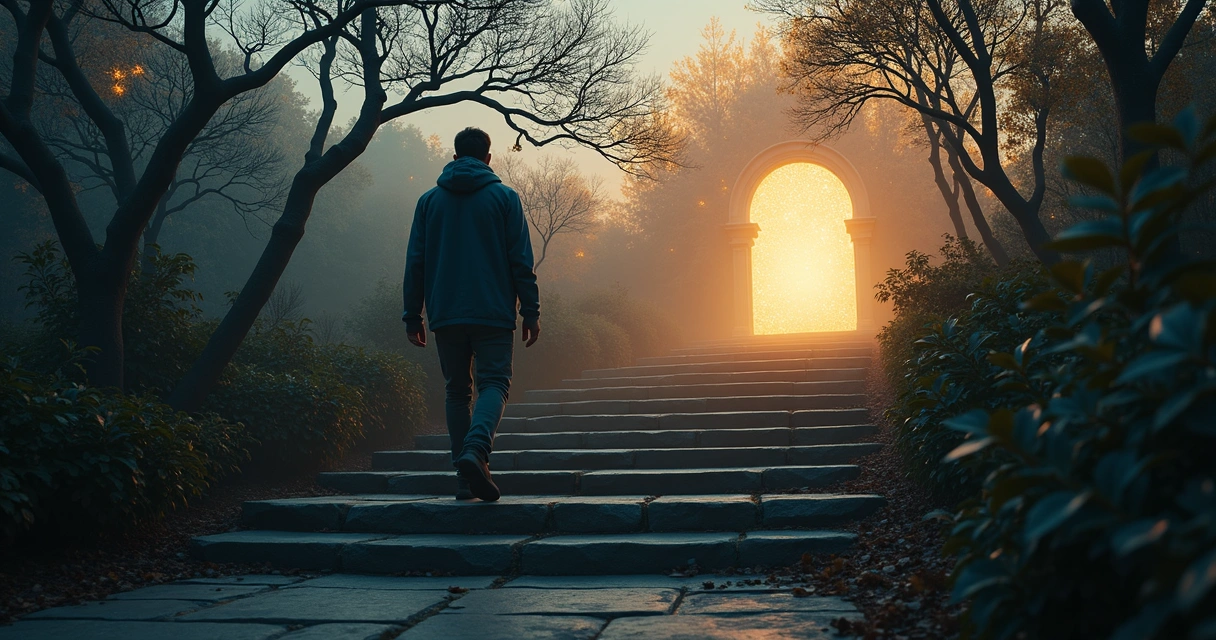 Pessoa sozinha em uma escadaria de jardim escuro caminhando em direção a uma abertura iluminada 
