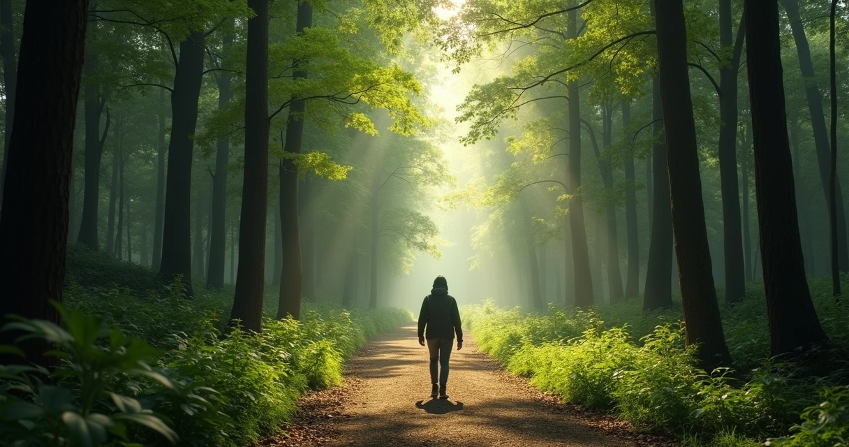 Pessoa caminhando em floresta com luz filtrando entre árvores