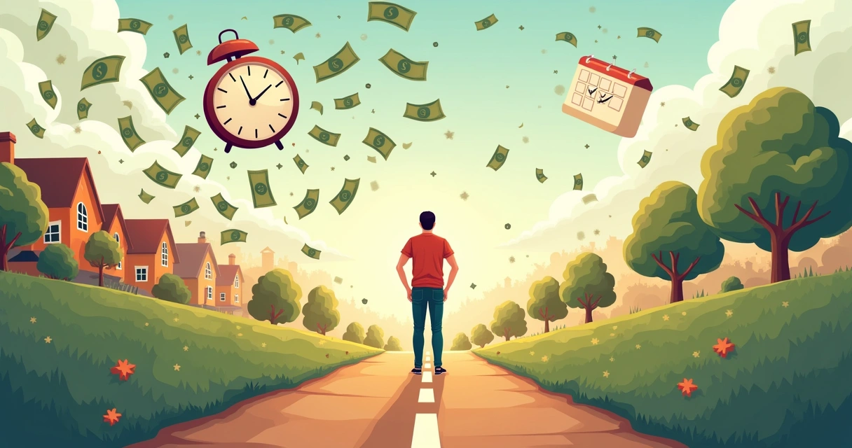 Caminho bifurcado com uma pessoa contemplativa, simbolizando investimentos a curto e longo prazo.