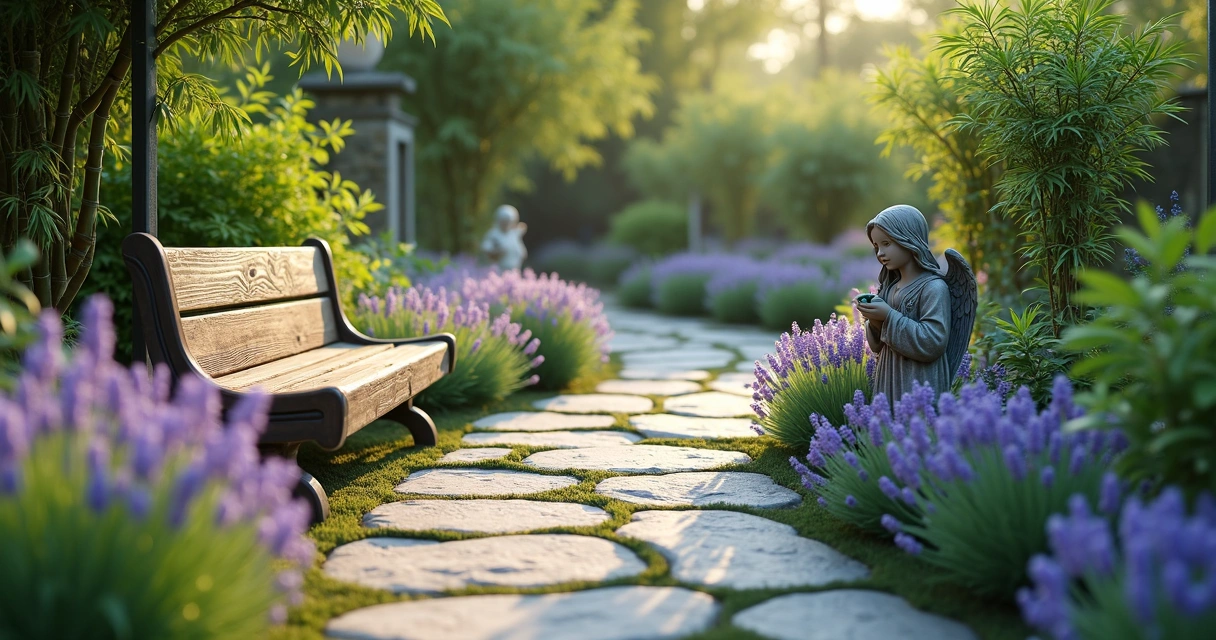 Caminho de pedras em um jardim com plantas floridas e banco à sombra 