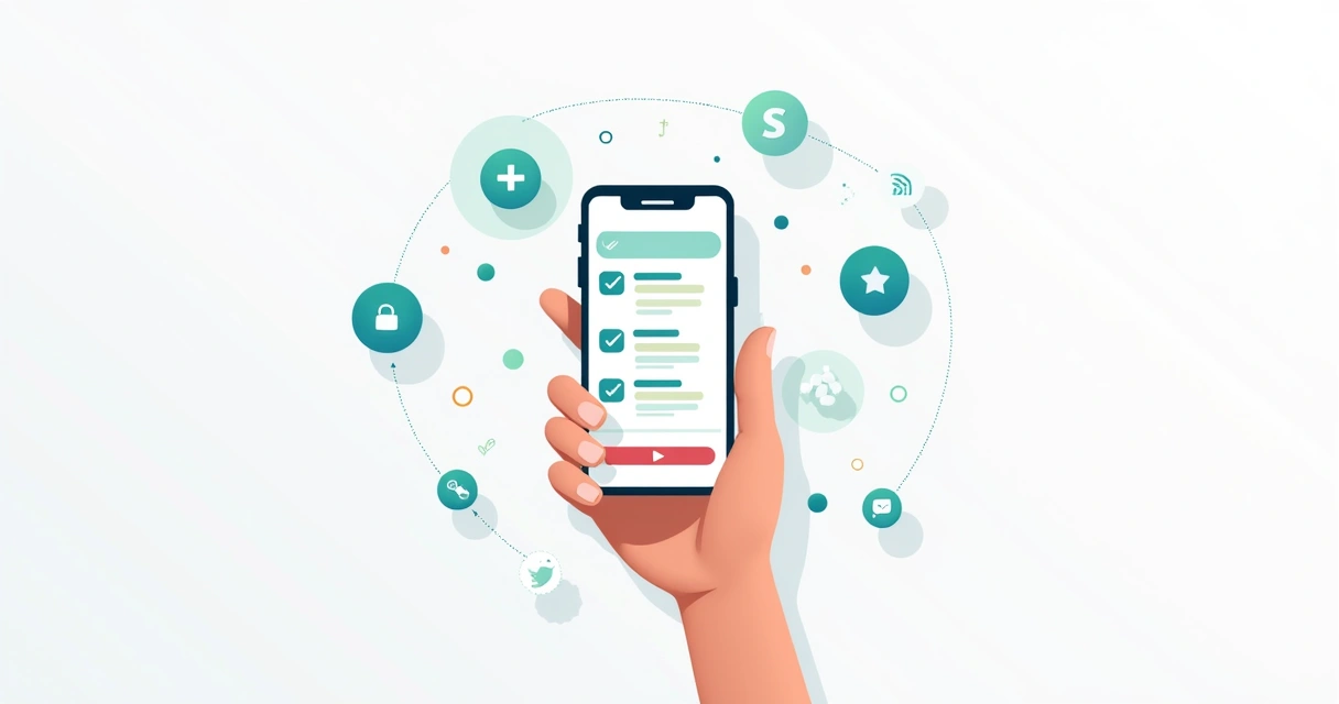 Ilustração de uma tela de celular exibindo um questionário simples, com ícones indicando etapas de resposta