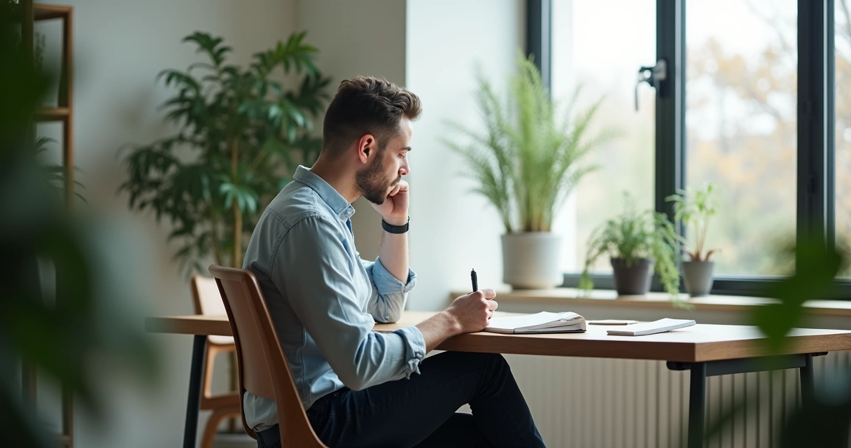 Líder refletindo sozinho em ambiente tranquilo de escritório 
