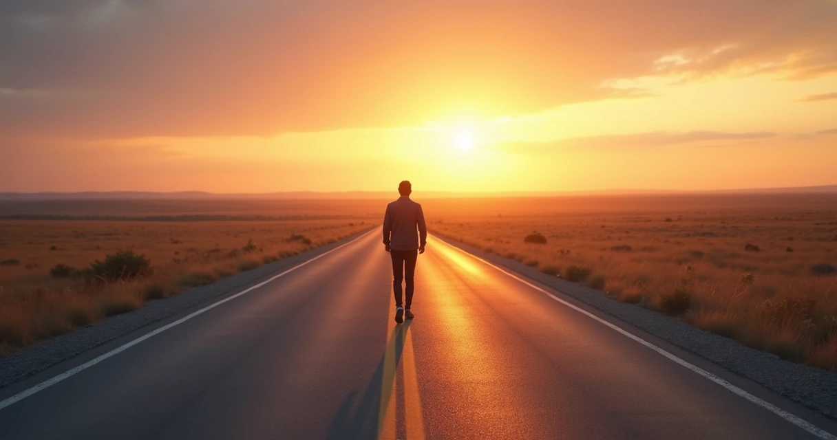 Pessoa caminhando sozinha por uma estrada, simbolizando escolha e reflexão sobre limites 