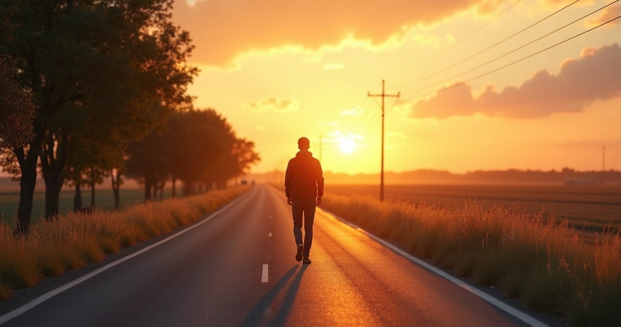 Pessoa caminhando em estrada longa ao entardecer 