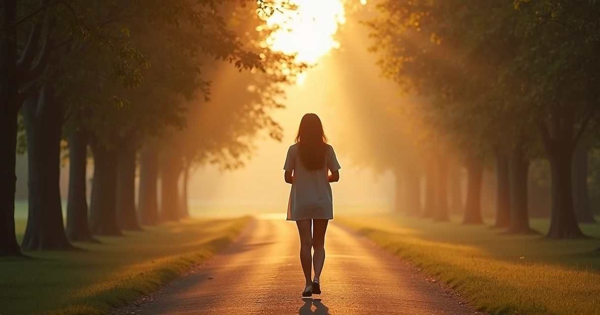 Pessoa caminhando sozinha em trilha longa de parque ao amanhecer 