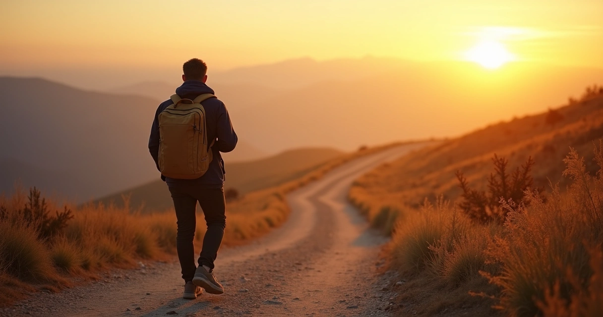 Pessoa caminhando em trilha longa ao amanhecer 