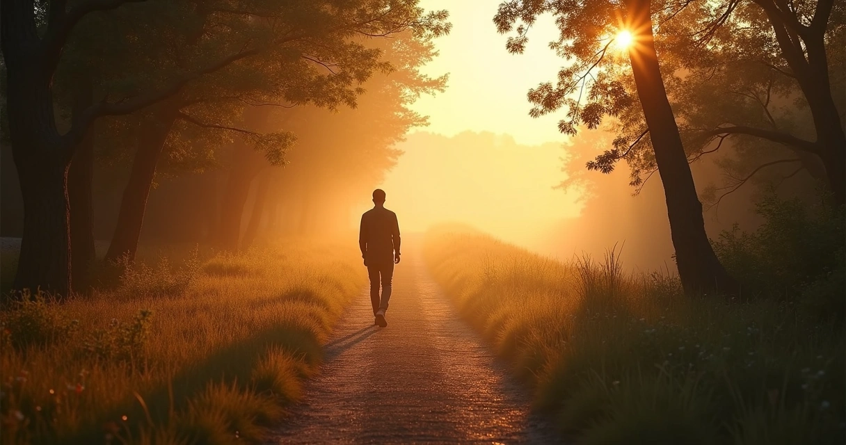 Pessoa caminhando em trilha iluminada ao amanhecer 