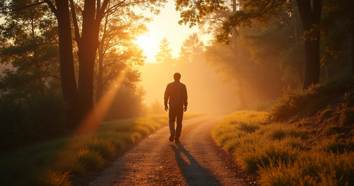 Pessoa caminhando em trilha com luz do amanhecer