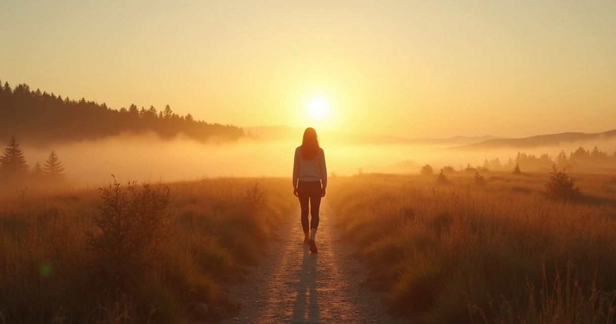 Pessoa caminhando em trilha ao amanhecer 
