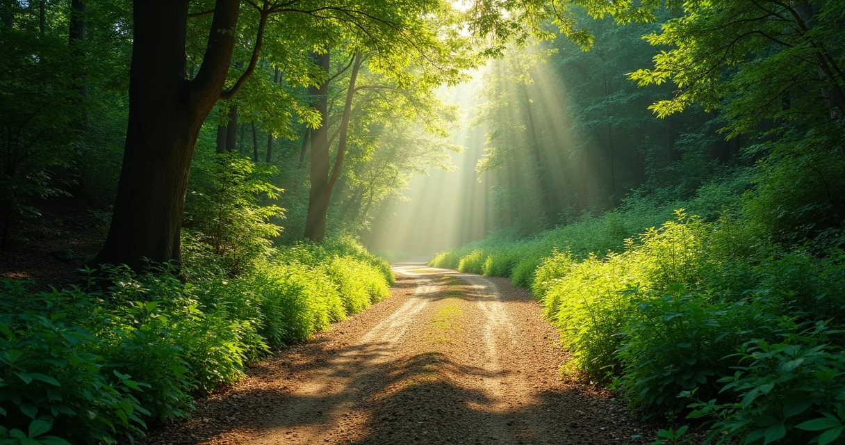 Caminho de terra na floresta com raios de luz entrando pelas árvores