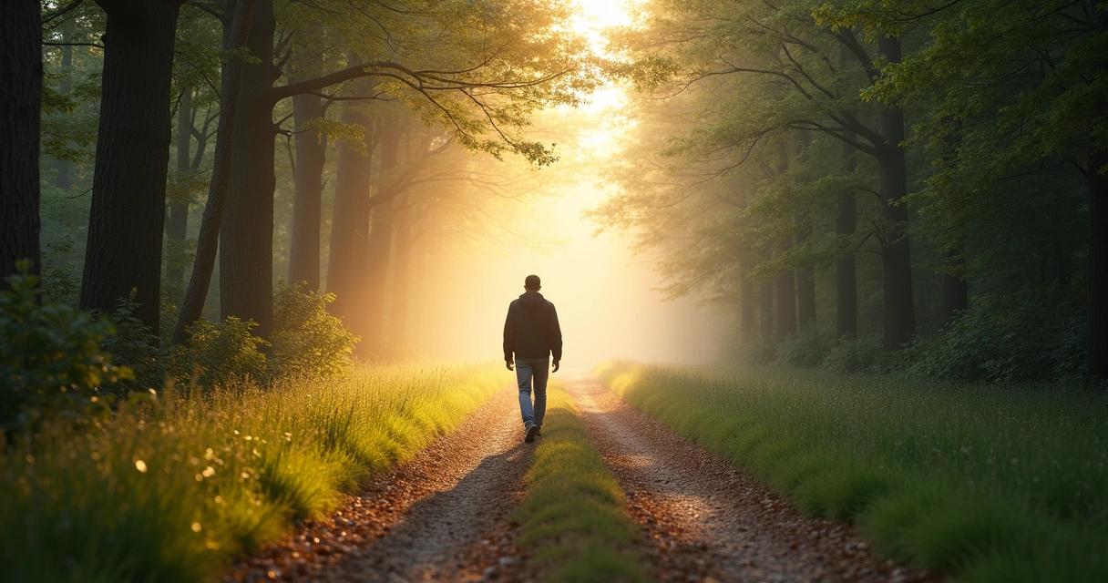 Pessoa caminhando em uma trilha iluminada por luz suave