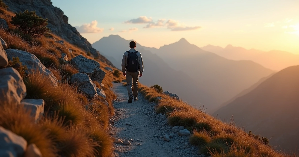 Pessoa caminha sozinha em trilha de montanha dividida entre luz e sombra 