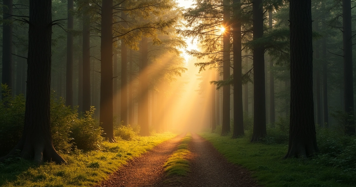 Trilha iluminada em floresta simbolizando realinhamento 