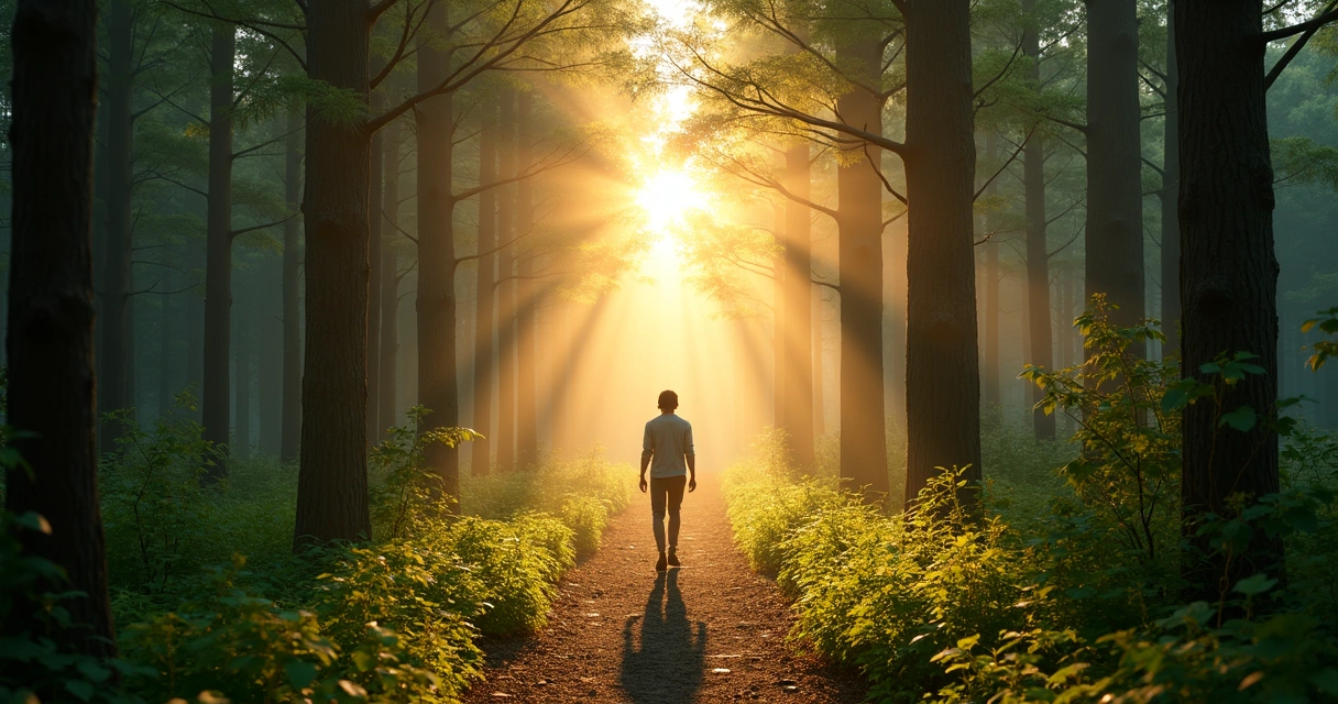 Pessoa caminhando em trilha iluminada na floresta