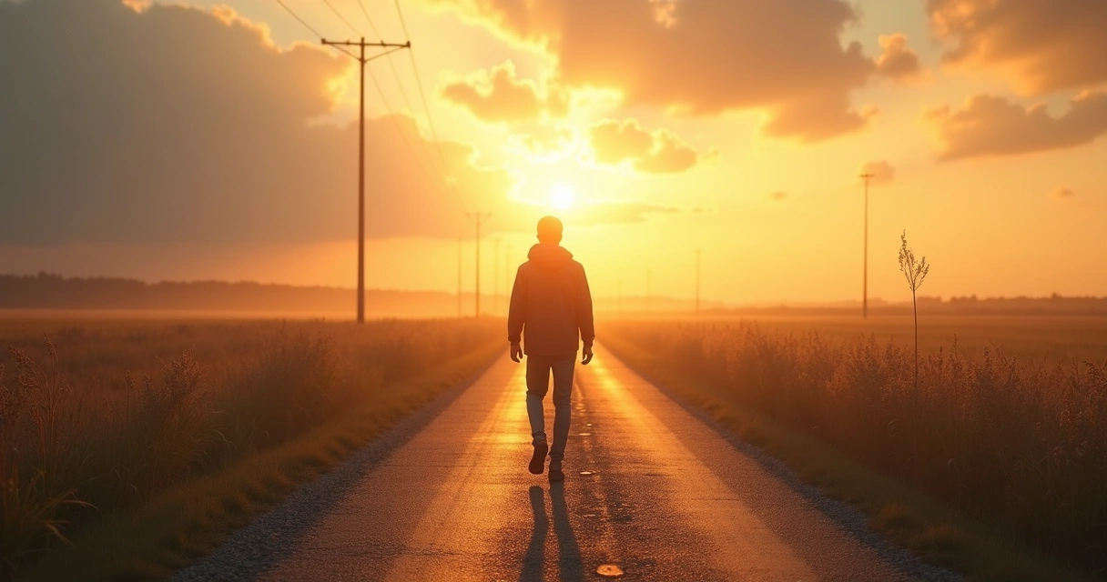 Pessoa caminhando em estrada iluminada, simbolizando integração emocional e consciência 