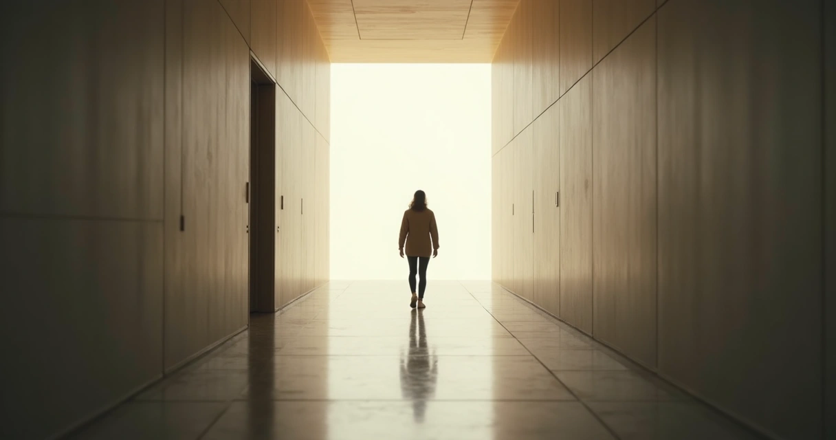 Pessoa caminhando em corredor de luz suave 