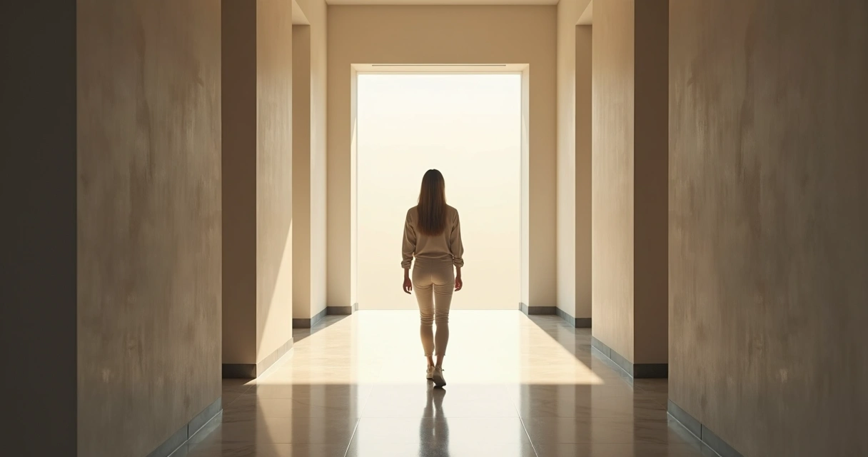 Pessoa caminhando em corredor iluminado com expressão contemplativa