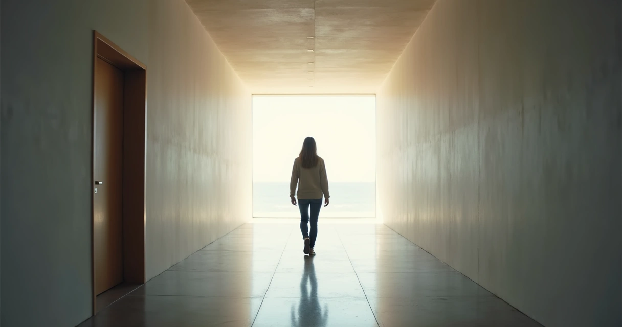 Pessoa caminhando em corredor com luz ao fundo