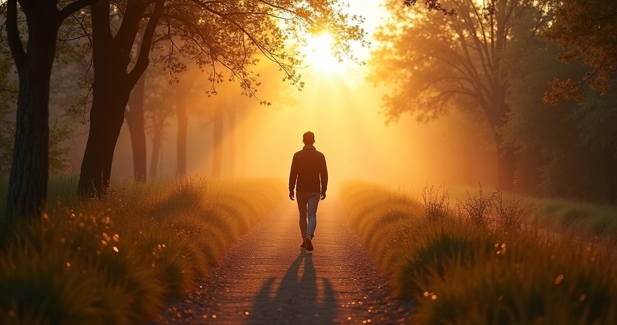 Pessoa caminhando por trilha iluminada ao amanhecer 