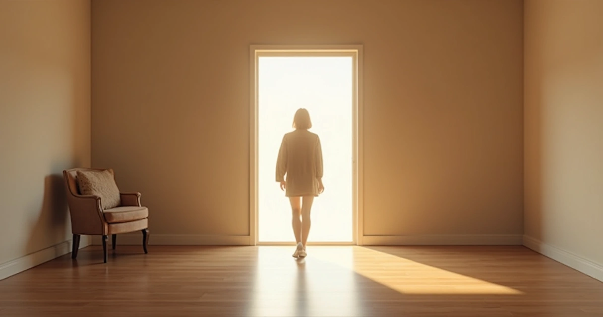 Pessoa caminhando em direção à luz em sala silenciosa