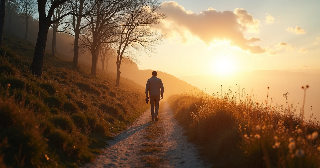 Pessoa caminhando em trilha iluminada ao amanhecer simbolizando superação do luto 