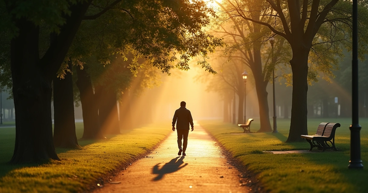 Pessoa caminhando sozinha em parque silencioso ao amanhecer 