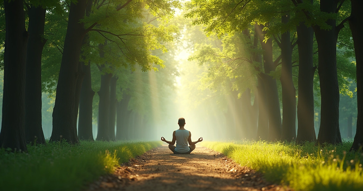 Pessoa sentada em um caminho de terra refletindo, árvores ao fundo 