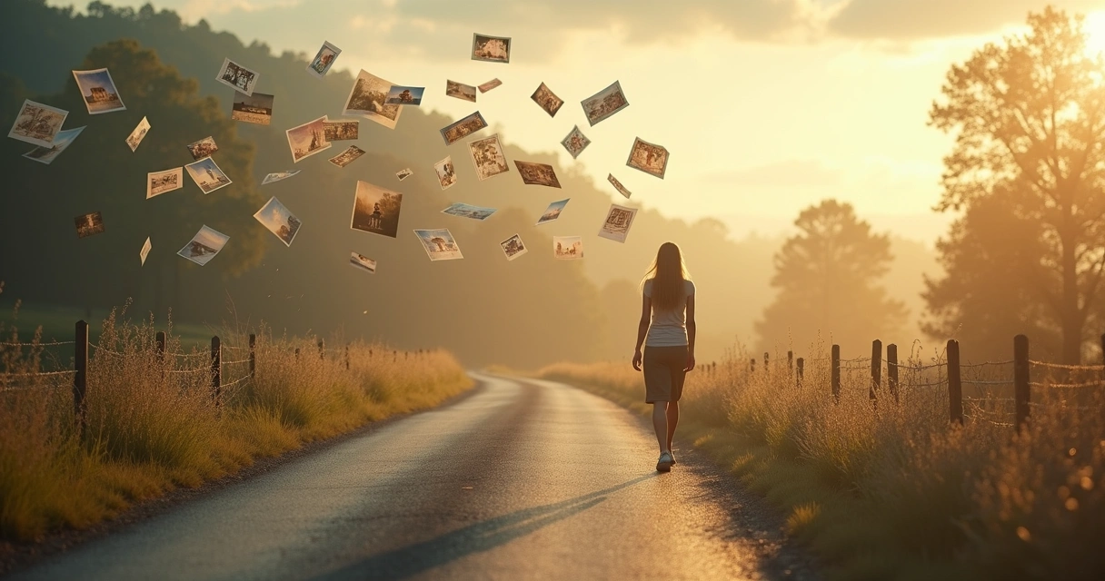 Pessoa caminhando em estrada que vira fitas de memórias 