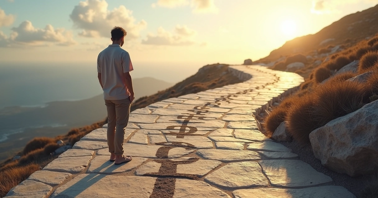 Pessoa olhando para um caminho de pedras com setas e símbolos de dinheiro 