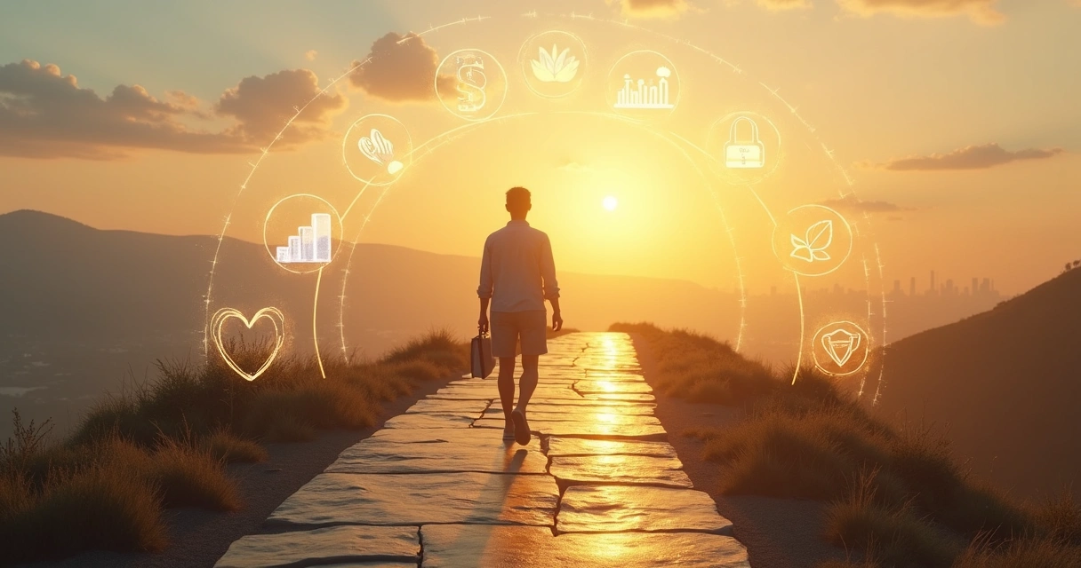 Pessoa caminha em trilha com metas flutuantes alinhadas a valores éticos 