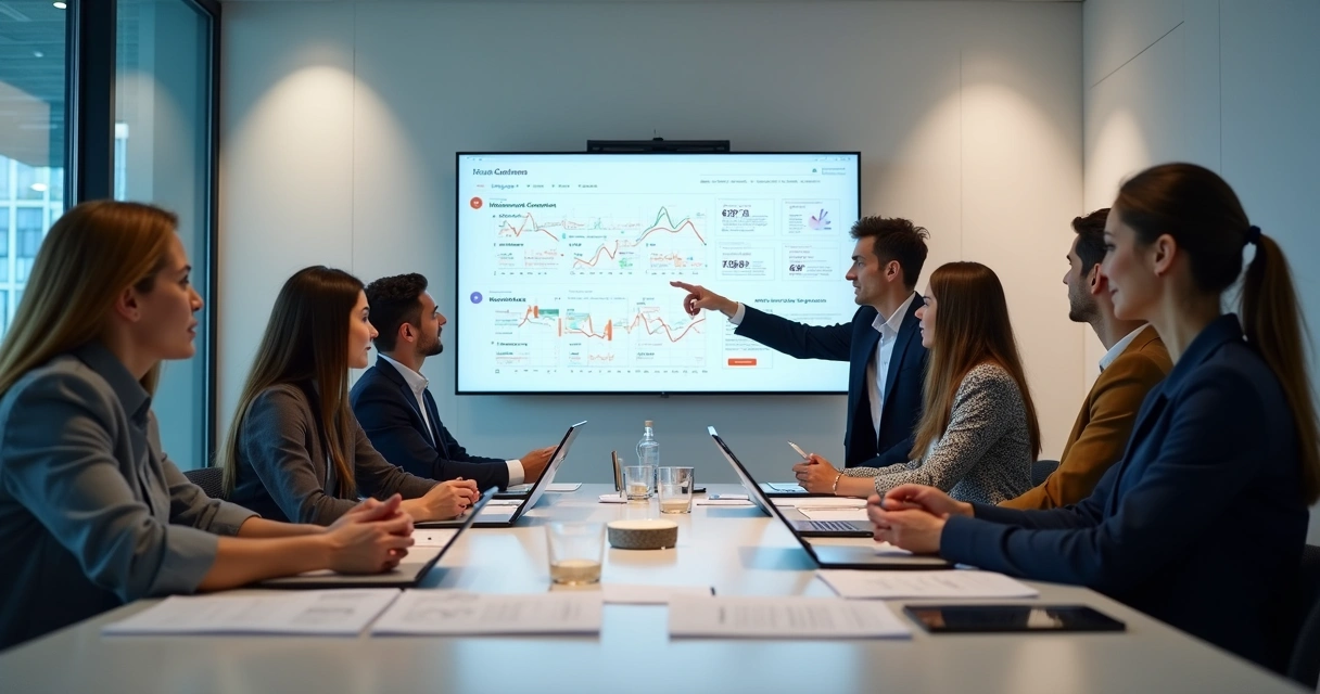 Equipe reunida em sala de reunião analisando o caminho de campanhas digitais 