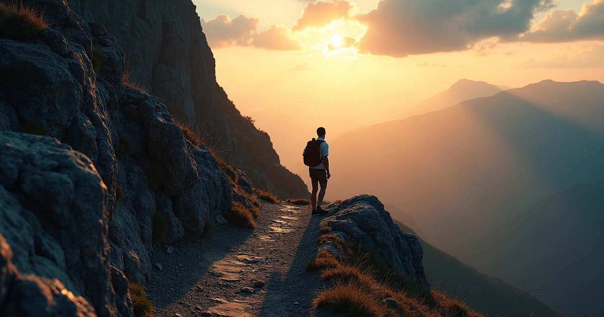 Pessoa em trilha de montanha caminhando em direção a uma luz no horizonte 