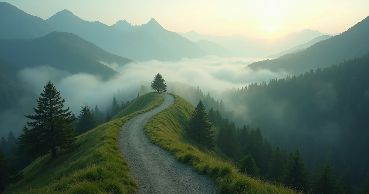 Trilha sinuosa entre montanhas com neblina 