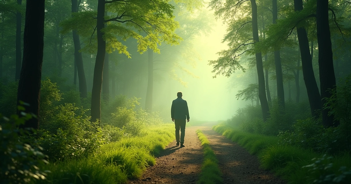 Pessoa caminhando em trilha cercada de natureza e luz suave