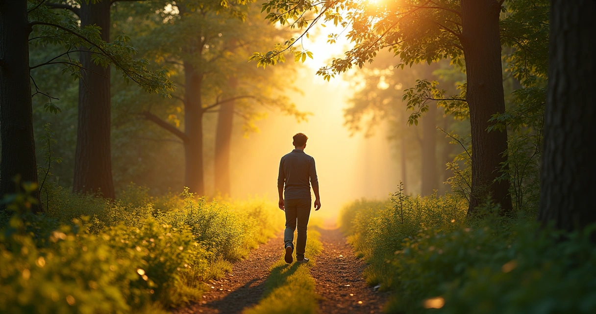 Pessoa caminhando em trilha verde ao amanhecer