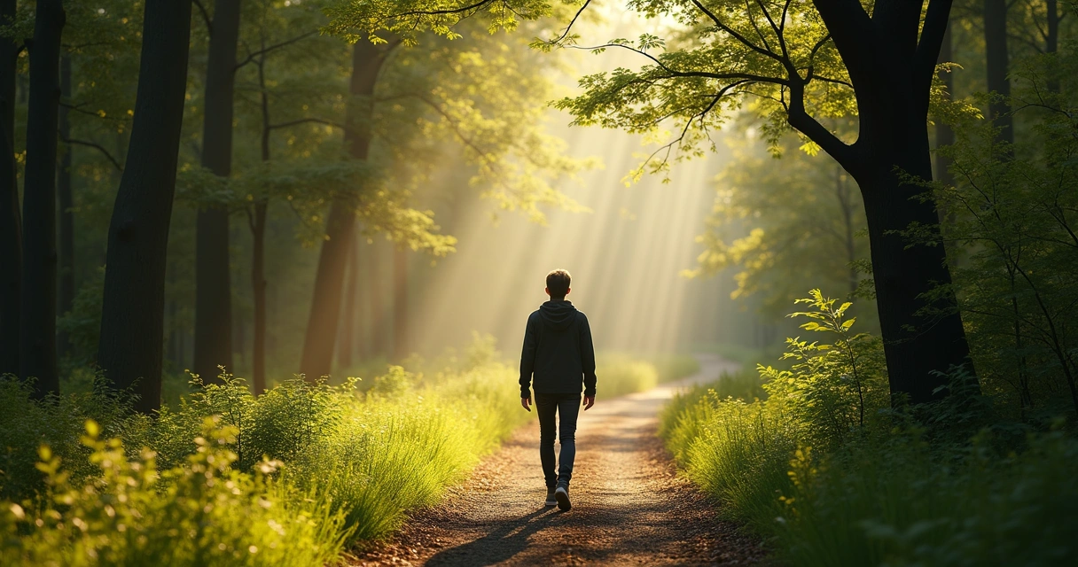Pessoa caminhando sozinha em trilha na natureza, refletindo 