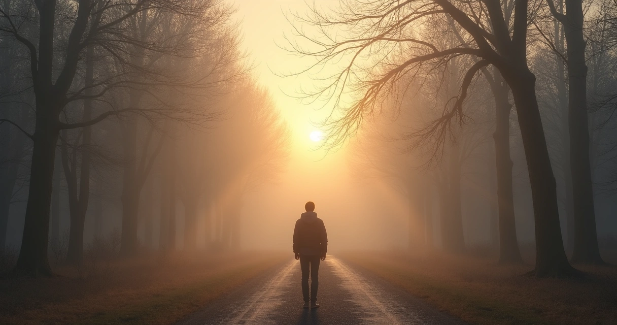 Pessoa diante de caminho com neblina e bifurcação