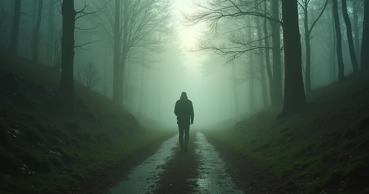 Pessoa caminhando em trilha com neblina e luz ao fundo