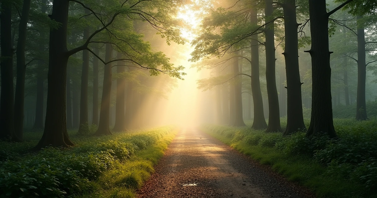 Caminho em neblina com luz suave surgindo ao fundo entre árvores 