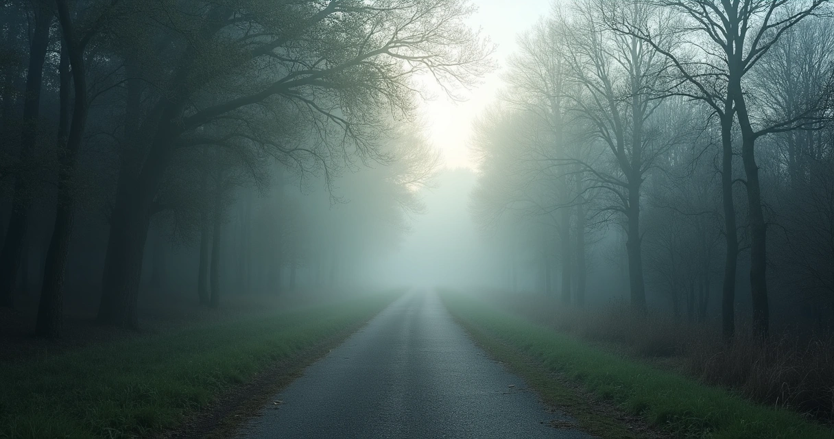 Caminho com neblina e luz ao fundo 
