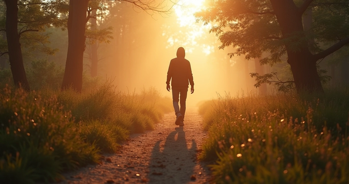 Pessoa caminhando em trilha com neblina leve ao amanhecer 