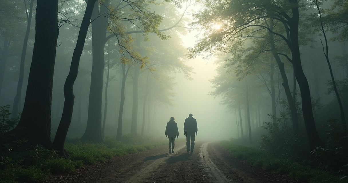 Duas pessoas caminhando em trilha com neblina ao fundo 