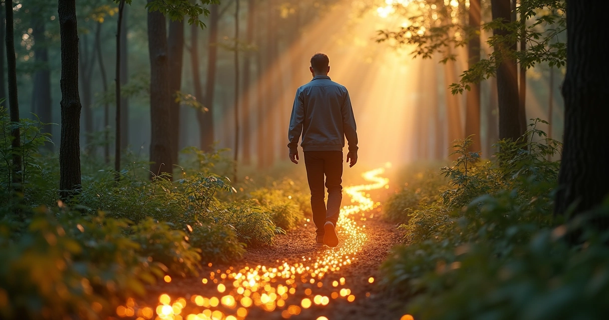 Adulto caminhando em floresta com trilhas luminosas simbolizando plasticidade mental 